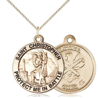 St. Christopher National Guard Medal Necklace - 14K Gold - 1 Inch Tall x 1-5/8 Inch Wide with 18" Chain