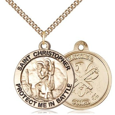 St. Christopher National Guard Medal Necklace - 14K Gold - 1 Inch Tall x 1-5/8 Inch Wide with 24" Chain