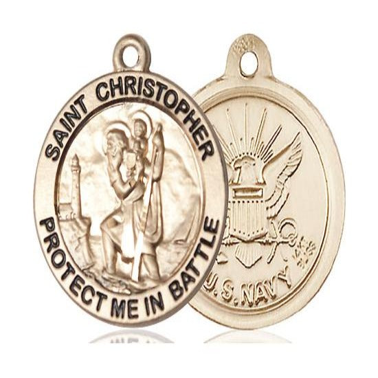 St. Christopher Navy Medal Necklace - 14K Gold - 1 Inch Tall x 1-5/8 Inch Wide with 24" Chain