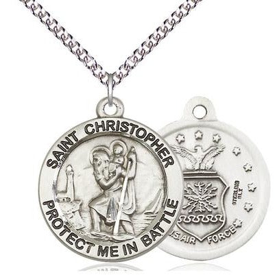 St. Christopher Air Force Medal Necklace - Sterling Silver - 1 Inch Tall x 1-5/8 Inch Wide with 24" Chain