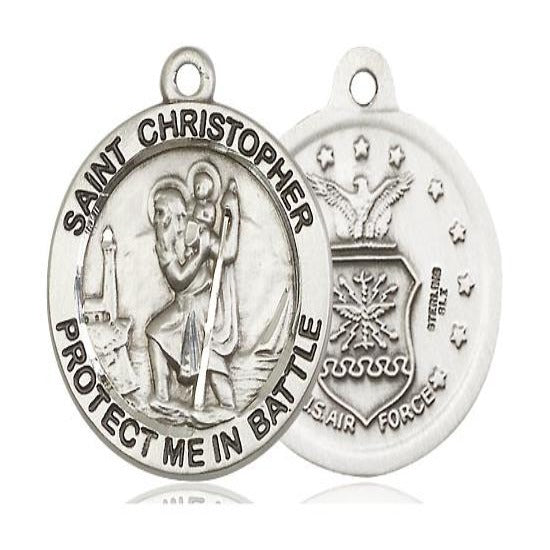 St. Christopher Air Force Medal Necklace - Sterling Silver - 1 Inch Tall x 1-5/8 Inch Wide with 24" Chain