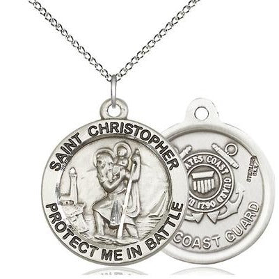 St. Christopher Coast Guard Medal Necklace - Sterling Silver - 1 Inch Tall x 1-5/8 Inch Wide with 18" Chain