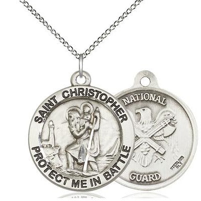 St. Christopher National Guard Medal Necklace - Sterling Silver - 1 Inch Tall x 1-5/8 Inch Wide with 18" Chain