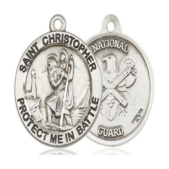 St. Christopher National Guard Medal Necklace - Sterling Silver - 1 Inch Tall x 1-5/8 Inch Wide with 24" Chain