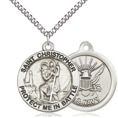 St. Christopher Navy Medal Necklace - Sterling Silver - 1 Inch Tall x 1-5/8 Inch Wide with 24" Chain