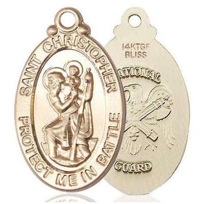 St. Christopher National Guard Medal Necklace - 14K Gold Filled - 1-1/8 Inch Tall x 1-1/4 Inch Wide with 24" Chain