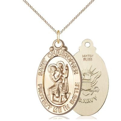 St. Christopher Navy Medal Necklace - 14K Gold Filled - 1-1/8 Inch Tall x 1-1/4 Inch Wide with 18" Chain