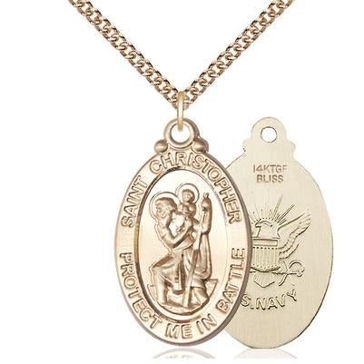 St. Christopher Navy Medal Necklace - 14K Gold Filled - 1-1/8 Inch Tall x 1-1/4 Inch Wide with 24" Chain