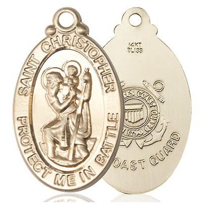 St. Christopher Coast Guard Medal Necklace - 14K Gold - 1-1/8 Inch Tall x 1-1/4 Inch Wide with 24" Chain