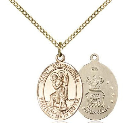 St. Christopher Air Force Medal Necklace - 14K Gold Filled - 3/4 Inch Tall x 7/8 Inch Wide with 18" Chain