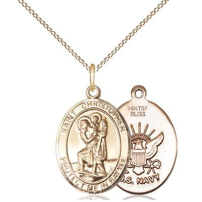 St. Christopher Navy Medal Necklace - 14K Gold Filled - 3/4 Inch Tall x 1 Inch Wide with 18" Chain