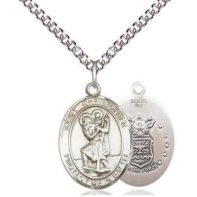 St. Christopher Air Force Medal Necklace - Sterling Silver - 3/4 Inch Tall x 7/8 Inch Wide with 24" Chain