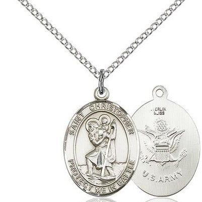 St. Christopher Army Medal Necklace - Sterling Silver - 3/4 Inch Tall x 1 Inch Wide with 18" Chain