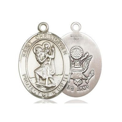 St. Christopher Army Medal Necklace - Sterling Silver - 3/4 Inch Tall x 1 Inch Wide with 24" Chain