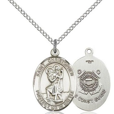 St. Christopher Coast Guard Medal Necklace - Sterling Silver - 3/4 Inch Tall x 1 Inch Wide with 18" Chain