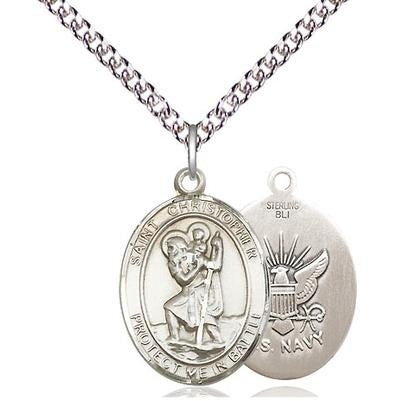 St. Christopher Navy Medal Necklace - Sterling Silver - 3/4 Inch Tall x 1 Inch Wide with 24" Chain