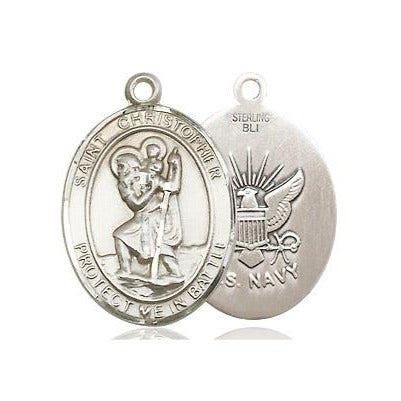 St. Christopher Navy Medal Necklace - Sterling Silver - 3/4 Inch Tall x 1 Inch Wide with 24" Chain
