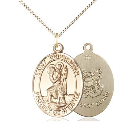 St. Christopher Coast Guard Medal Necklace - 14K Gold Filled - 1 Inch Tall x 1-1/4 Inch Wide with 18" Chain