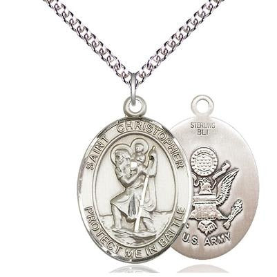 St. Christopher Army Medal Necklace - Sterling Silver - 1 Inch Tall x 1-1/4 Inch Wide with 24" Chain