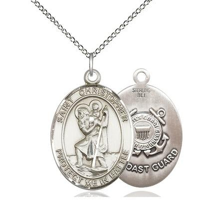 St. Christopher Coast Guard Medal Necklace - Sterling Silver - 1 Inch Tall x 1-1/4 Inch Wide with 18" Chain