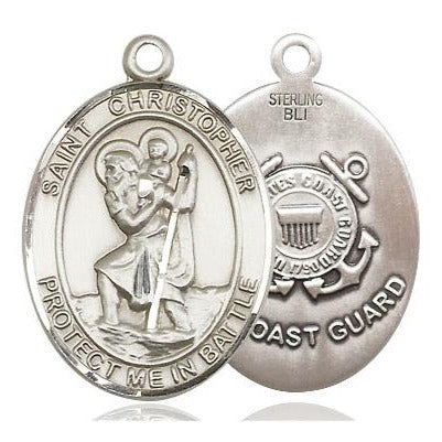 St. Christopher Coast Guard Medal Necklace - Sterling Silver - 1 Inch Tall x 1-1/4 Inch Wide with 24" Chain
