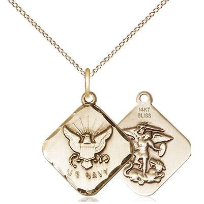 Navy Diamond Medal Necklace - 14K Gold - 3/4 Inch Tall x 5/8 Inch Wide with 18" Chain