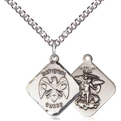 National Guard Diamond Medal Necklace - Sterling Silver - 3/4 Inch Tall x 5/8 Inch Wide with 24" Chain