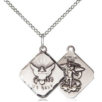 Navy Diamond Medal Necklace - Sterling Silver - 3/4 Inch Tall x 5/8 Inch Wide with 18" Chain