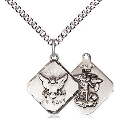 Navy Diamond Medal Necklace - Sterling Silver - 3/4 Inch Tall x 5/8 Inch Wide with 24" Chain