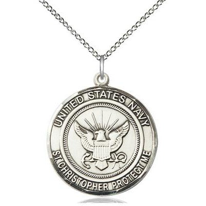 Navy St. Christopher Medal Necklace - Sterling Silver - 1 Inch Tall x 7/8 Inch Wide with 18" Chain