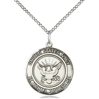 Navy St. Michael Medal Necklace - Sterling Silver - 3/4 Inch Tall x 3/4 Inch Wide with 18" Chain