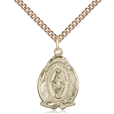 Miraculous Medal Necklace - 14K Gold - 3/4 Inch Tall by 1/2 Inch Wide with 24" Chain