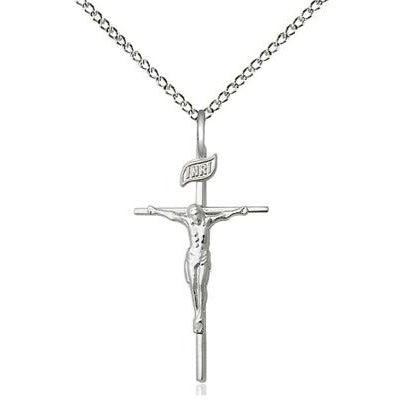Crucifix Medal Necklace - Sterling Silver - 1 Inch Tall x 1/2 Inch Wide with 18" Chain