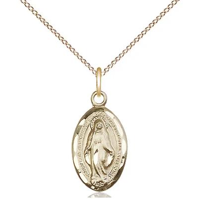 Miraculous Medal Necklace - 14K Gold - 5/8 Inch Tall by 3/8 Inch Wide with 18" Chain