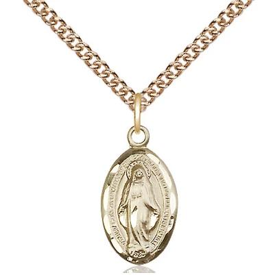 Miraculous Medal Necklace - 14K Gold - 5/8 Inch Tall by 3/8 Inch Wide with 24" Chain