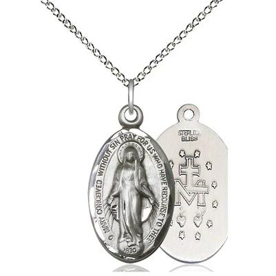 Miraculous Medal Necklace - Sterling Silver - 7/8 Inch Tall by 1/2 Inch Wide with 18" Chain
