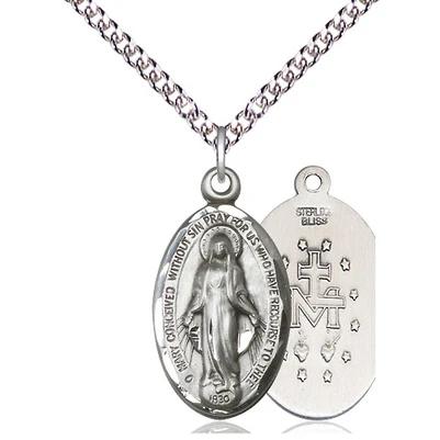 Miraculous Medal Necklace - Sterling Silver - 7/8 Inch Tall by 1/2 Inch Wide with 24" Chain