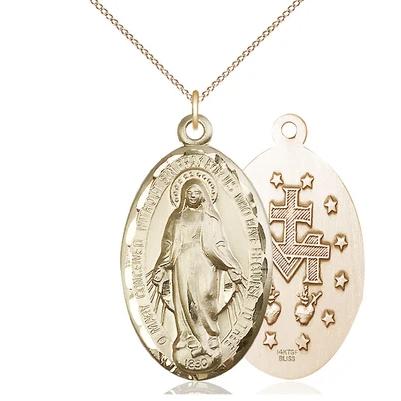 Miraculous Medal Necklace - 14K Gold - 1-3/8 Inch Tall by 3/4 Inch Wide with 18" Chain