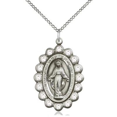 Miraculous Medal Necklace - Sterling Silver - 1-1/8 Inch Tall by 3/4 Inch Wide with 18" Chain