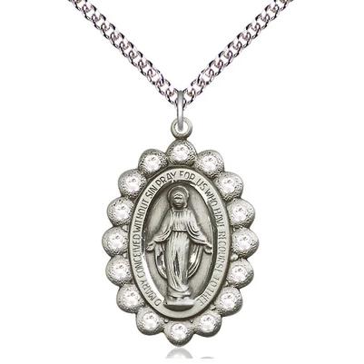 Miraculous Medal Necklace - Sterling Silver - 1-1/8 Inch Tall by 3/4 Inch Wide with 24" Chain