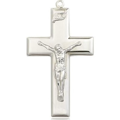 Crucifix Medal Necklace - Sterling Silver - 1-7/8 Inch Tall x 1 Inch Wide with 24" Chain