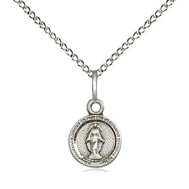 Miraculous Medal Necklace - Sterling Silver - 3/8 Inch Tall by 1/4 Inch Wide with 18" Chain