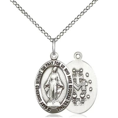 Miraculous Medal Necklace - Sterling Silver - 3/4 Inch Tall by 3/8 Inch Wide with 18" Chain