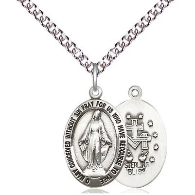 Miraculous Medal Necklace - Sterling Silver - 3/4 Inch Tall by 3/8 Inch Wide with 24" Chain