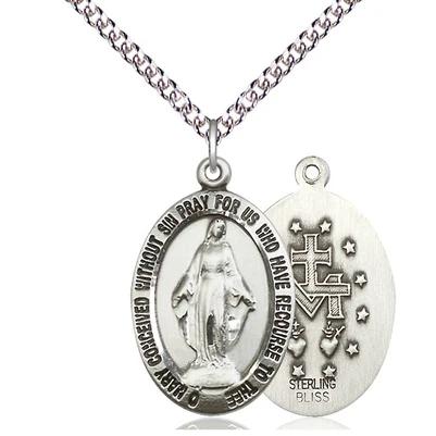 Miraculous Medal Necklace - Sterling Silver - 1 Inch Tall by 5/8 Inch Wide with 24" Chain