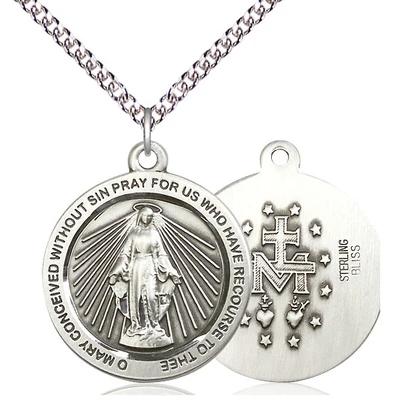 Miraculous Medal Necklace - Sterling Silver - 1 Inch Tall by 7/8 Inch Wide with 24" Chain