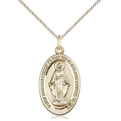 Miraculous Medal Necklace - 14K Gold - 7/8 Inch Tall by 1/2 Inch Wide with 18" Chain