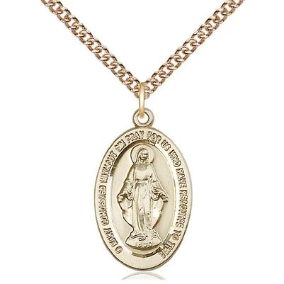 Miraculous Medal Necklace - 14K Gold - 7/8 Inch Tall by 1/2 Inch Wide with 24" Chain