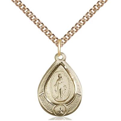 Miraculous Medal Necklace - 14K Gold - 3/4 Inch Tall by 1/2 Inch Wide with 24" Chain