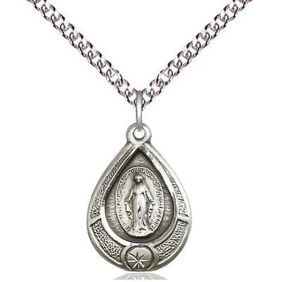 Miraculous Medal Necklace - Sterling Silver - 3/4 Inch Tall by 1/2 Inch Wide with 24" Chain